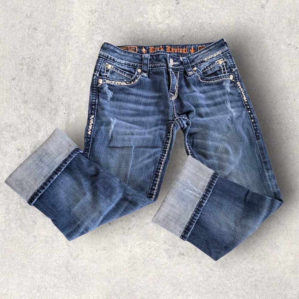 Rock Revival Blue Capris with Distressed Denim Style